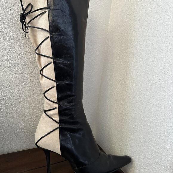 Vintage Black Leather White/Cream Suede w/Lace Detail Stiletto Boots - Picture 4 of 16